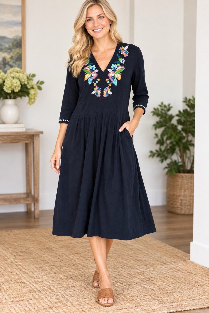 eShakti Midi Dress Women’s XL 16 Floral Embroidery V-Neck Cotton Stretch Navy